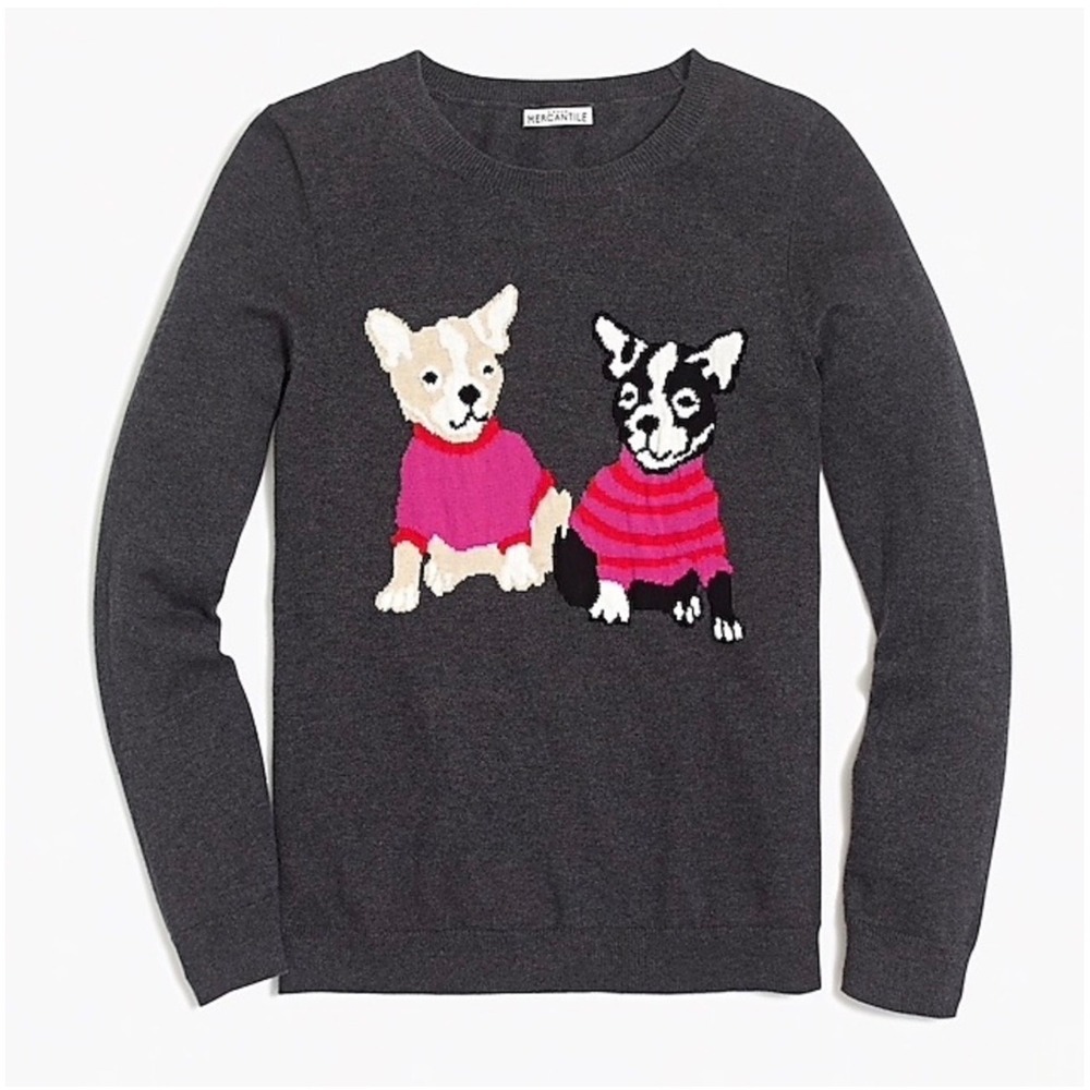 J.CREW French Bulldog Graphic‎ Sweater Charcoal Gray XS NEW Preppy Casual K3718